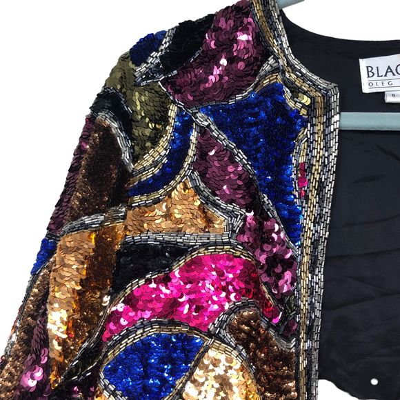 Vintage 1980s Black Tie Sequin, Silk, & Beads by Pierre Cardin, Glamorous, SZ S - Picture 3 of 11